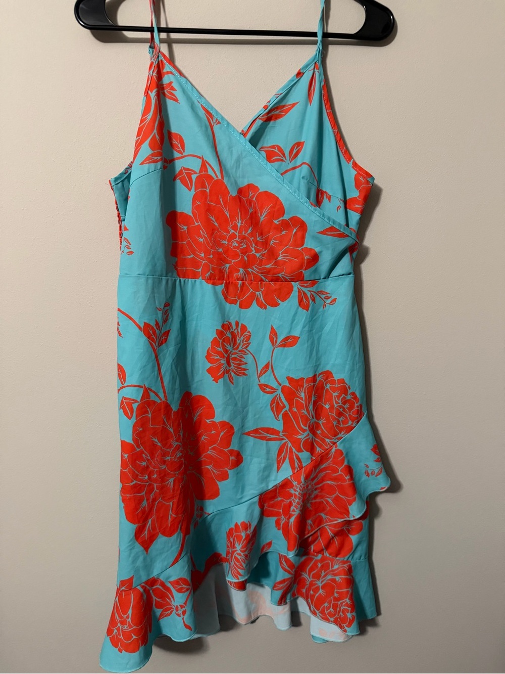 Turquoise Coral Floral Spaghetti-Strap Ruffle Hem Summer Dress Size Large